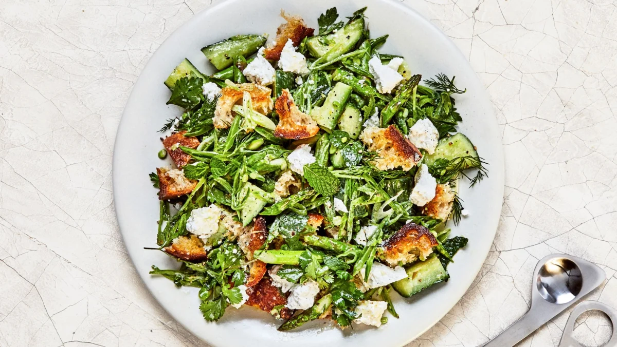 Spring Panzanella Salad with Smashed Cucumbers and Blistered Asparagus